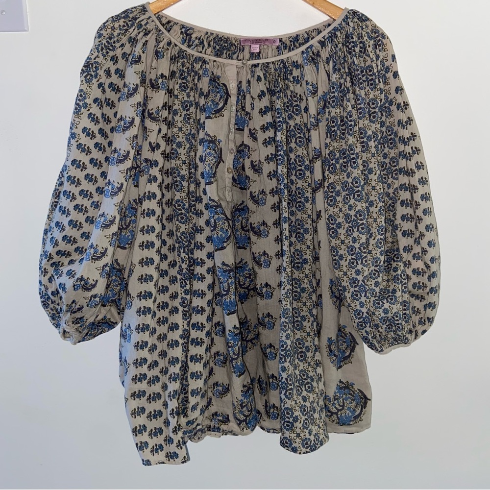 Calypso St. Barth - Beige/Blue Paisley Cotton Balloon Sleeve Tunic Top - Size 0X